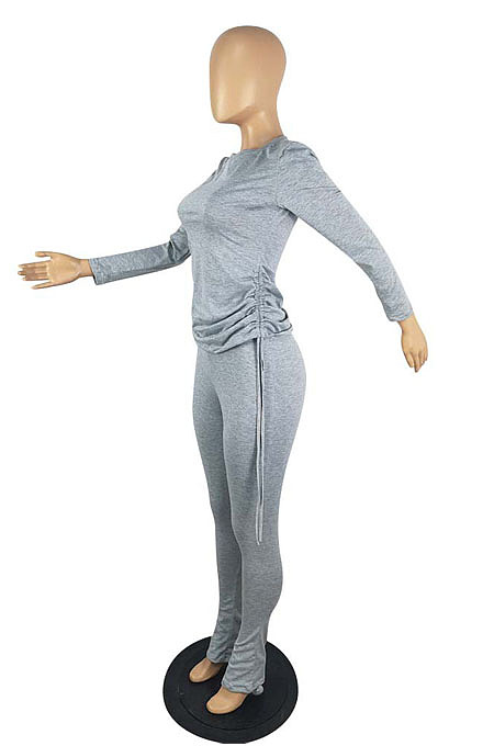 Modest Simple Cotton Blend Long Sleeve Round Neck Drawstring Tops Skinny Pants Solid Color Suit ZMM9144
