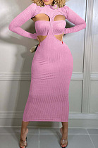 Sexy New Ribber Long Sleeve Round Neck Hollow Out Strapless Backless Slim Fitting Dress ZMM9146