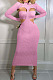Sexy New Ribber Long Sleeve Round Neck Hollow Out Strapless Backless Slim Fitting Dress ZMM9146