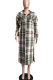 Plaid Printing Single-Breasted Turn-Down Collar Lower Hem Split Long Coat Midi Dress LML284