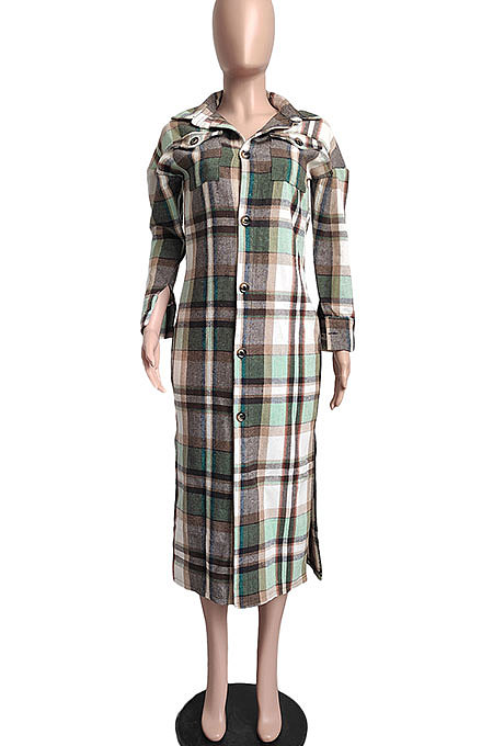 Plaid Printing Single-Breasted Turn-Down Collar Lower Hem Split Long Coat Midi Dress LML284