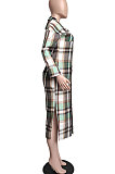 Plaid Printing Single-Breasted Turn-Down Collar Lower Hem Split Long Coat Midi Dress LML284
