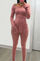 New Modest Women's Kintting Jacquard Long Sleeve Slit Tops Skinny Pants Plain Suits BN9308