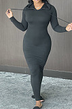 Casual Simple Pure Color High Elastic Cotton Blend Hooded Dress BN9314