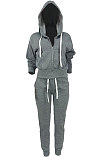 Euramerican Women Pure Color Cardigan Hoodie Zipper Sport Pants Sets ED1104