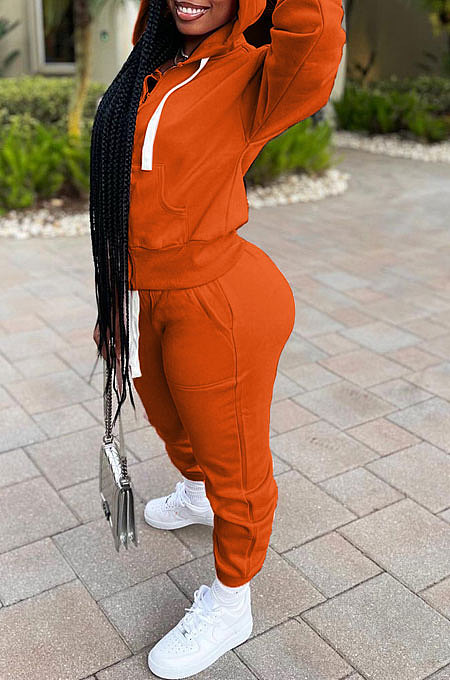 Euramerican Women Pure Color Cardigan Hoodie Zipper Sport Pants Sets ED1104