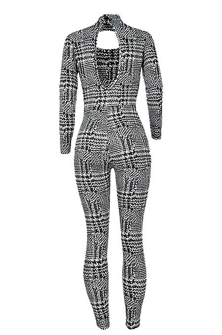Euramerican Women Sexy Plaid Hollow Out Backless Bodycon Jumpsuits AL200
