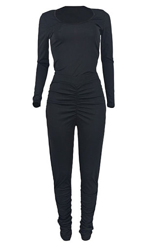 Fashion Women Shirred Detail Sexy Solid Color Pants Sets ED1103
