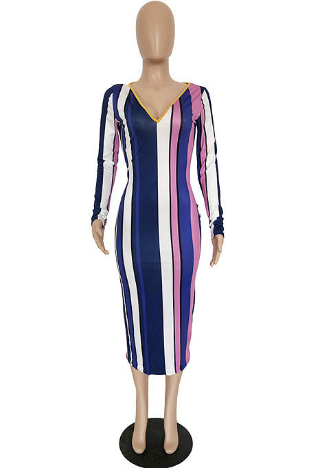 Fashion Sext Cotton Blend Stripe Long Sleeve V Neck Slim Fitting Dress RMH8700