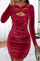 Korea Velvet Sexy Fashion Hollow Out Shirred Detail Collect Waist Mini Dress GB8040