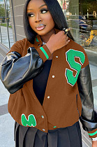 Letters Embroidery PU Leather Spliced Women's Baseball Jacket Coat DN8652
