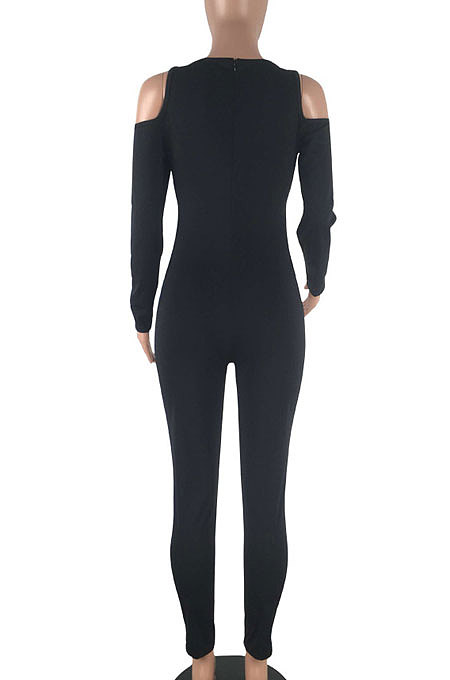 Sexy Night Club Long Sleeve Bandage Hollow Out Solid Color Bodycon Jumpsuits DN8046