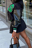 Letters Embroidery PU Leather Spliced Women's Baseball Jacket Coat DN8652