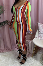 Fashion Sext Cotton Blend Stripe Long Sleeve V Neck Slim Fitting Dress RMH8700