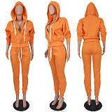 Euramerican Women Pure Color Cardigan Hoodie Zipper Sport Pants Sets ED1104