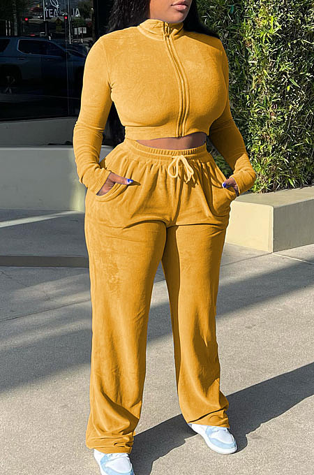 Autumn Winter Velvet Solid Color Zipper Casual Pants Sets BYQ3215