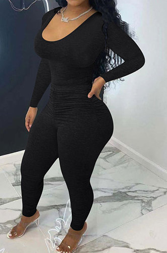 Fashion Women Shirred Detail Sexy Solid Color Pants Sets ED1103