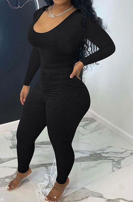 Fashion Women Shirred Detail Sexy Solid Color Pants Sets ED1103