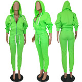 Euramerican Women Pure Color Cardigan Hoodie Zipper Sport Pants Sets ED1104