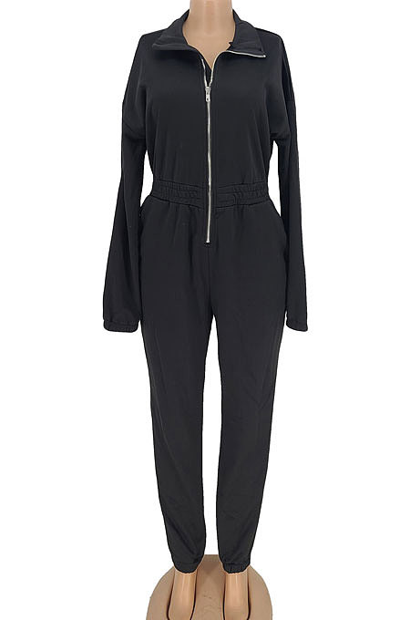 Women Solid Color Zipper Thick High Waist Bodycon Jumpsuits AL198