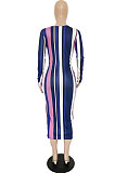 Fashion Sext Cotton Blend Stripe Long Sleeve V Neck Slim Fitting Dress RMH8700