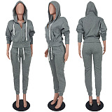 Euramerican Women Pure Color Cardigan Hoodie Zipper Sport Pants Sets ED1104