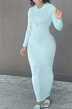 Casual Simple Pure Color High Elastic Cotton Blend Hooded Dress BN9314