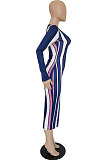 Fashion Sext Cotton Blend Stripe Long Sleeve V Neck Slim Fitting Dress RMH8700