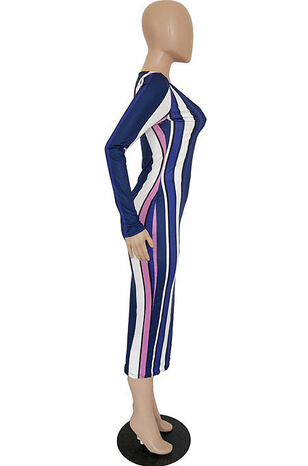 Fashion Sext Cotton Blend Stripe Long Sleeve V Neck Slim Fitting Dress RMH8700