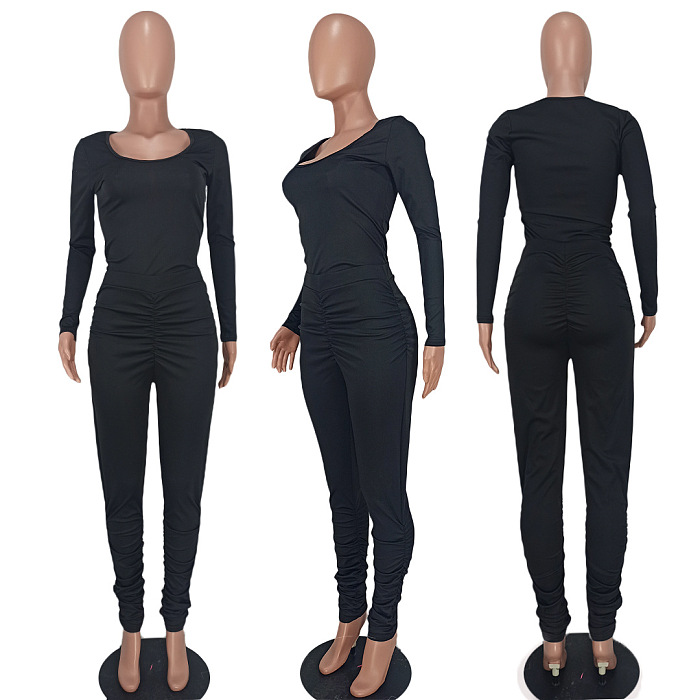 Fashion Women Shirred Detail Sexy Solid Color Pants Sets ED1103