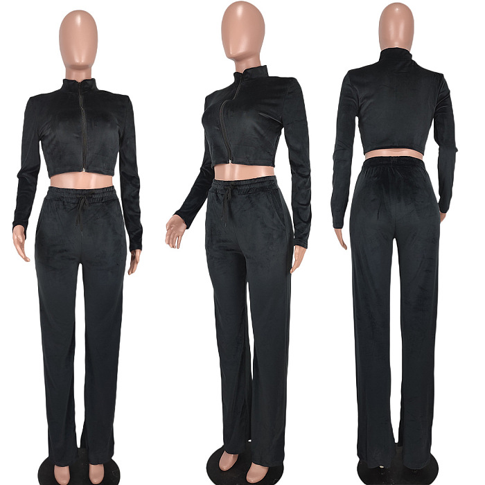 Autumn Winter Velvet Solid Color Zipper Casual Pants Sets BYQ3215