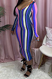 Fashion Sext Cotton Blend Stripe Long Sleeve V Neck Slim Fitting Dress RMH8700