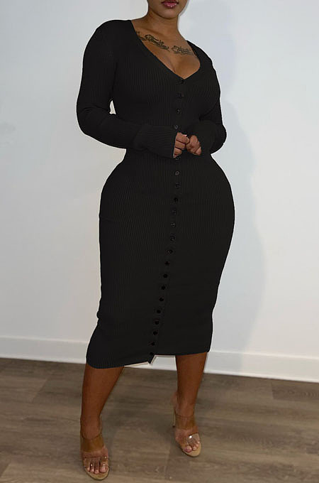 Fashion Elegant Ribber Long Sleeve Single-Breasted Slim Fitting Dress DN8651