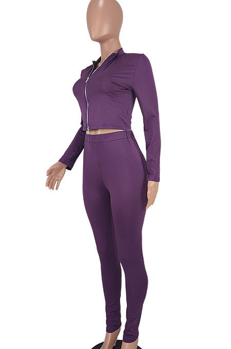 Milk Silk Double Zipper Bodycon Pure Color Pants Sets AGY68538