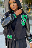 Letters Embroidery PU Leather Spliced Women's Baseball Jacket Coat DN8652