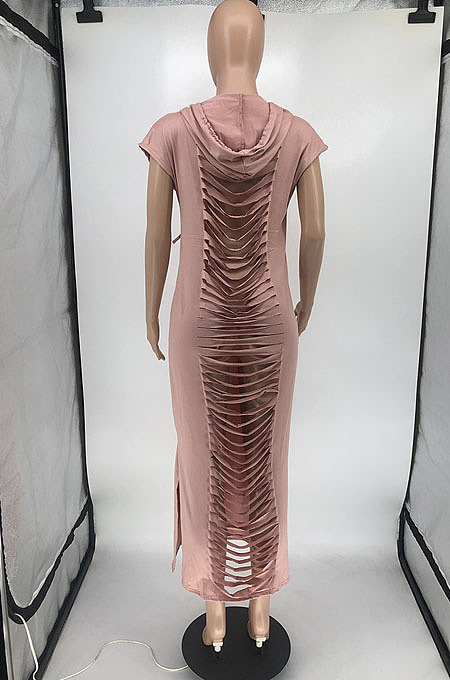 Wholesale Casual Backless Hollow Out Sleeveless Solid Color Hooded Slit Dress RMH8947