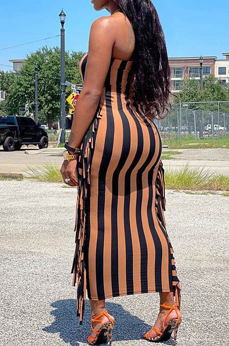 Sexy Nigh Club Stripe Printed Sides Tassel Slim Fitting Strapless Dress RMH8950