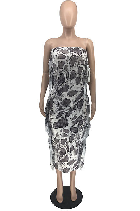 Sexy Fashion Printed Straless Sides Tassel Slim Fitting Dress RMH8951