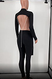 Sexy Cotton Blend Pure Color Long Sleeve Backless Irregularity Tops Skinny Pants Suit HG153