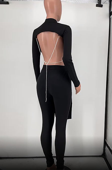 Sexy Cotton Blend Pure Color Long Sleeve Backless Irregularity Tops Skinny Pants Suit HG153
