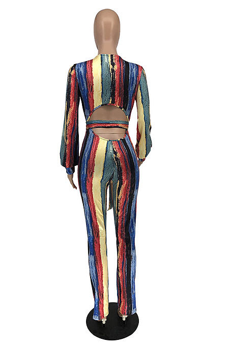 Autumn Winter New Design Printed Long Sleeve V Neck With Belt Bodycon Jumpsuits RMH8949
