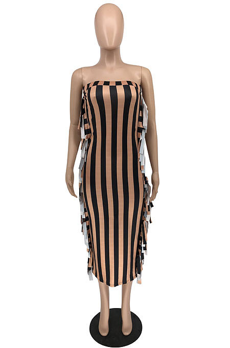 Sexy Nigh Club Stripe Printed Sides Tassel Slim Fitting Strapless Dress RMH8950