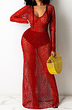 Euramerican Hollow Out Perspectivity Mesh Spaghetti Solid Color Long Dress QQM4230