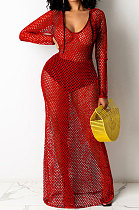 Euramerican Hollow Out Perspectivity Mesh Spaghetti Solid Color Long Dress QQM4230