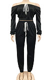 Trendy Pure Color Casual Off Shoulder Bandage Long Sleeve Long Pants Sets CYF5552