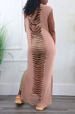 Wholesale Casual Backless Hollow Out Sleeveless Solid Color Hooded Slit Dress RMH8947
