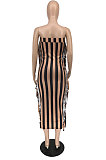 Sexy Nigh Club Stripe Printed Sides Tassel Slim Fitting Strapless Dress RMH8950