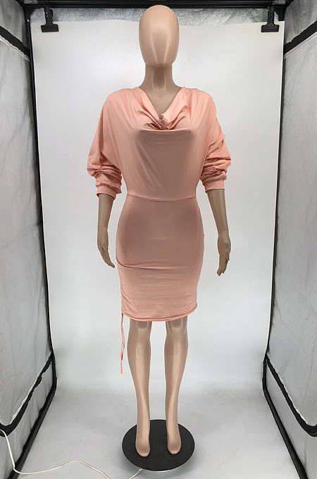 Fashion Sexy Long Sleeve Ruffle Slim Fitting Solid Color Hip Dress RMH8948