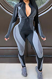 Sexy Long Sleeve Zipper Yoga Color Matching Bodycon Jumpsuits FLS9715