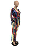 Autumn Winter New Design Printed Long Sleeve V Neck With Belt Bodycon Jumpsuits RMH8949